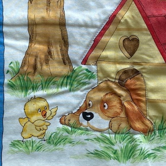 Vintage Hand Crafted Yellow Baby Blanket Animal Appliques Satin Edge Floor Time - Picture 6 of 16